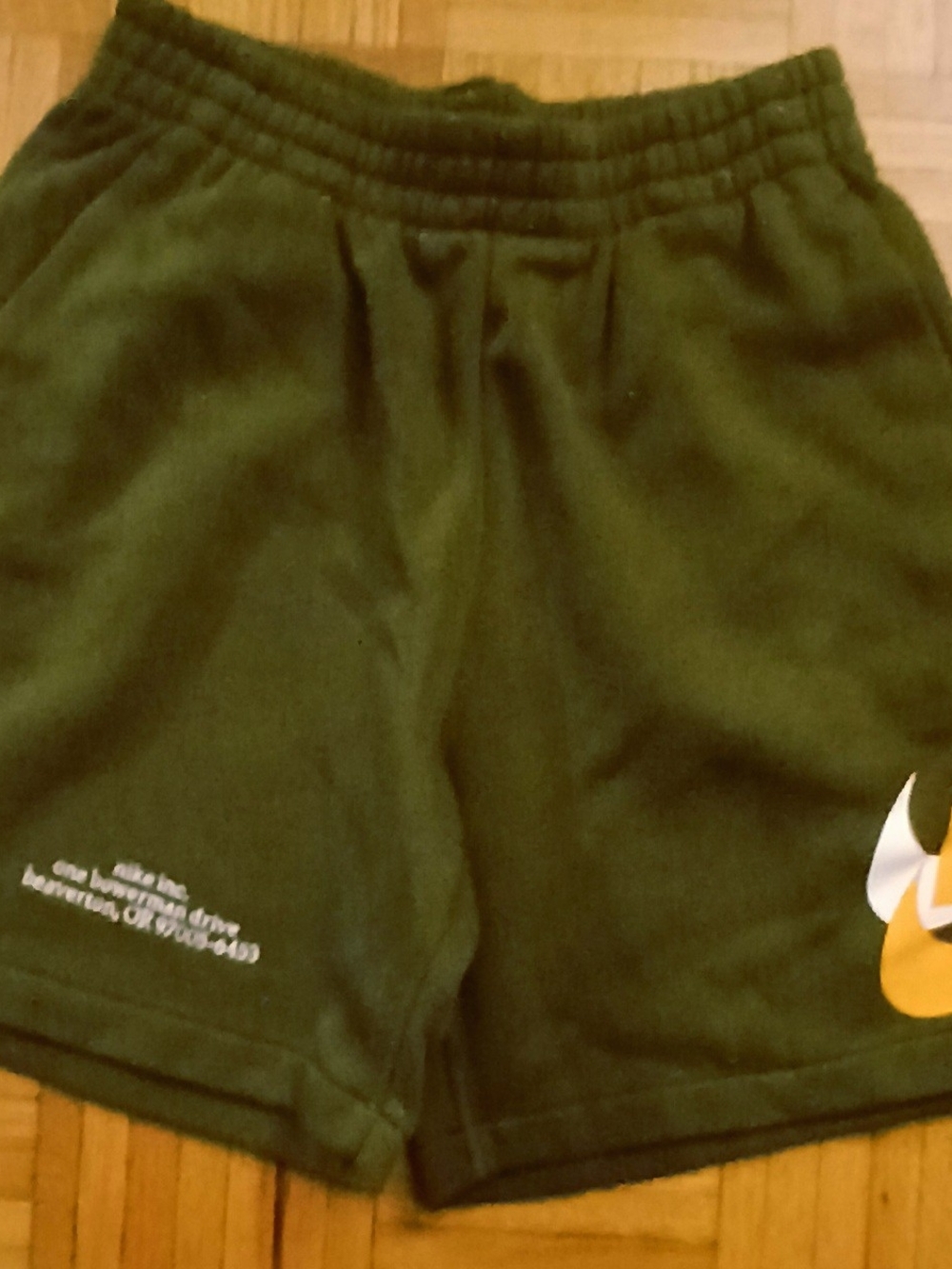 Nike Kids Olive Green Shorts with Yellow & White Swoosh